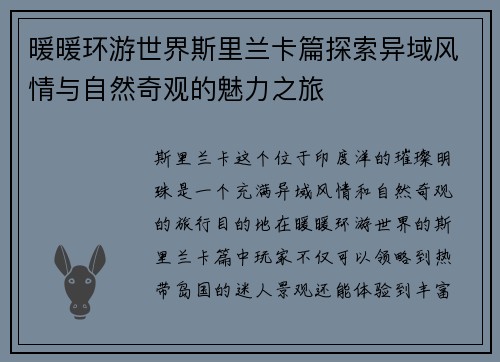 暖暖环游世界斯里兰卡篇探索异域风情与自然奇观的魅力之旅